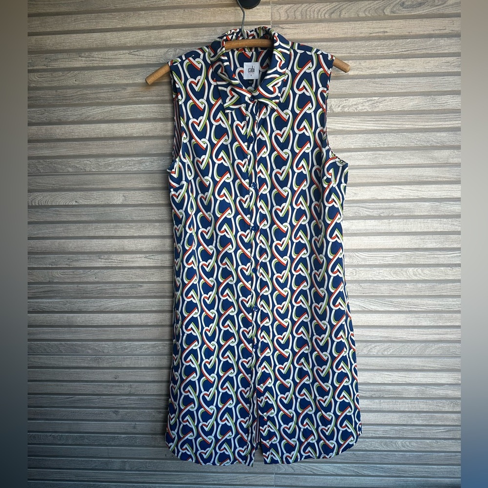 CAbi Multicolor Heart Pattern Amour Midi Sleeveless Collar Button Dress size S